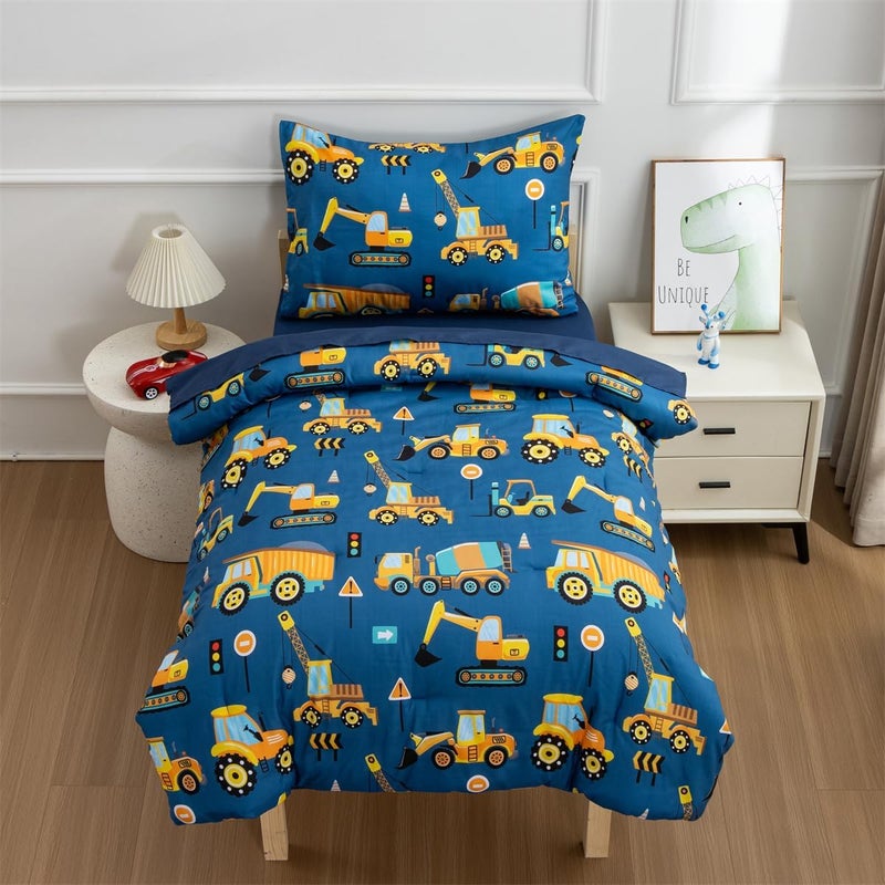 NTBED 4 Pieces Traffic Construction Toddler Bedding Set for Baby Boys,Truck Vehicles Excavator Cars Printed, Includes Comforter, Flat Sheet, Fitted Sheet and Pillowcase,Blue - Image 1